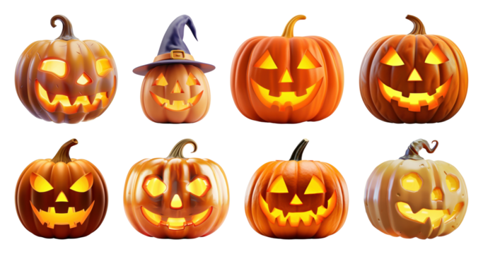 PNG Halloween jack-o'-lantern pumpkin collection, element set on transparent background