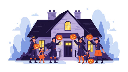 Halloween Festivities: Adorable children dressed in Halloween costumes are eagerly displaying their jack-o'-lanterns in front of a charming haunted house.