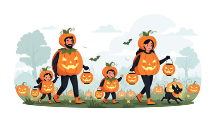 Halloween Family Outing: A family dressed in pumpkin costumes enjoys a festive Halloween outing, carrying lanterns and surrounded by other pumpkins.