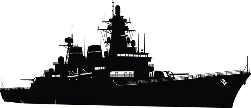 Fototapeta Warship silhouette vector, military battleship illustration, naval vessel graphic, black ship icon, defense fleet art, isolated combat cruiser design