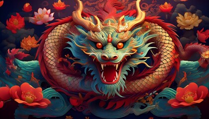 Obraz premium A vibrant and colorful illustration of a Chinese dragon amidst traditional elements like lotus flowers and swirling waves, evoking the energy and spirit of Chinese New Year celebrations.