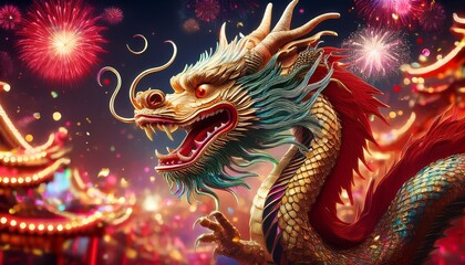A vibrant and colorful depiction of a dragon in traditional Chinese style, set against a backdrop of fireworks during a New Year&rsquo;s celebration. AI