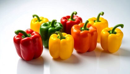 Colorful bell peppers arranged on a white surface