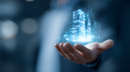 concept image of a holographic office building floating above a hand, representing business investment, corporate property, and future finance.