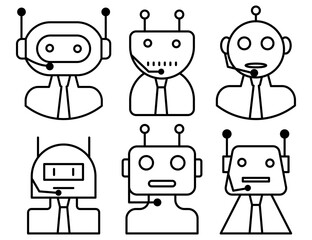 Set of line icons showing AI robots with headsets representing customer service, call center, and virtual assistant concepts, perfect for contact center, helpdesk, and online assistance design.