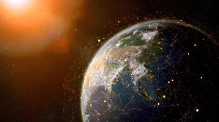 satellite. Satellite view of Earth with golden connection points, abstract digital networks against deep space. product launch decks.