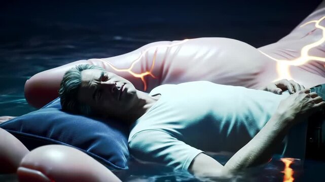 Surreal digital art of a vulnerable man floating in dark water, cradled by a giant, glowing ethereal hand