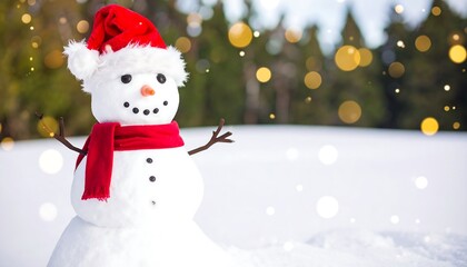 A charming snowman stands on a snowy landscape, adorned with a festive red hat and scarf, bathed in warm, soft light.