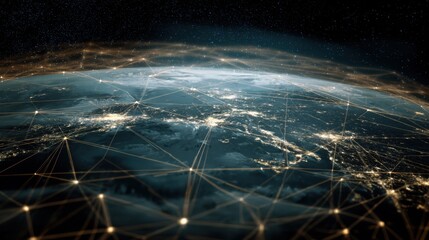satellite. Satellite view of Earth with golden connection points, abstract digital networks against deep space. product launch decks.