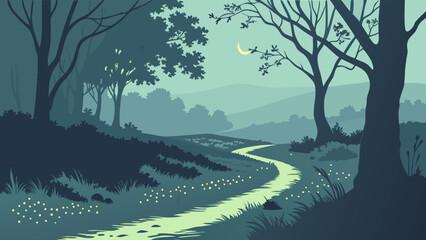 Fototapeta premium Serene Nighttime Forest Scene with Winding Creek and Crescent Moon Tranquil Nature Illustration for Book Covers Postcards and Wallpaper.
