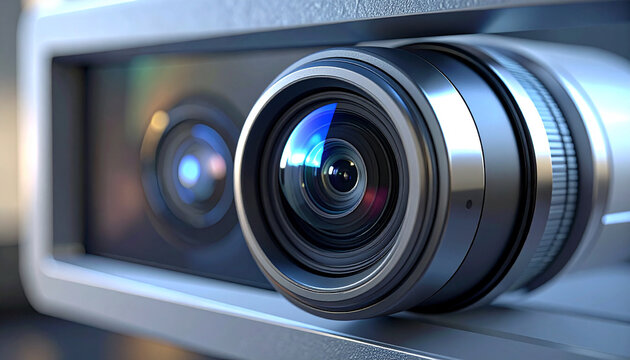 Projector Lens: A close-up shot of a sleek, modern projector lens, highlighting its technological precision and intricate design. 