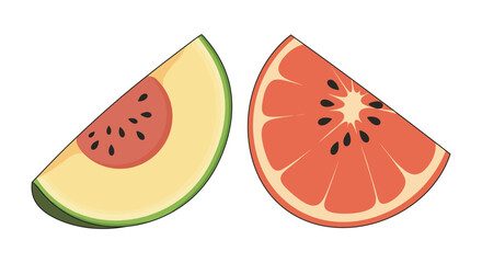 Sliced avocado and grapefruit segments displayed on a white background