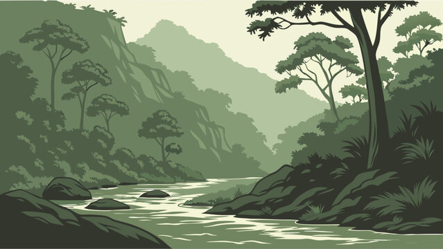 Serene River Landscape Lush Green Forest Mountains and Flowing Water Illustration.