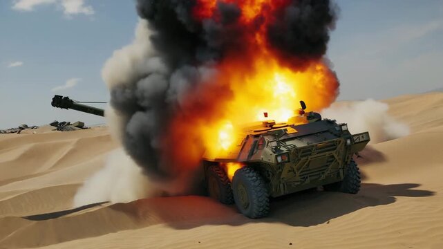 crane-mounted aerial shot (45&deg; down) of an armored vehicle huge dirt/sand plume, secondary fuel-fed fire jets, debris 40+ m, sand inland tsunami distant sandstorm picks up grit reduces visibility