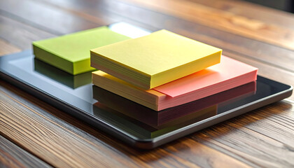 Tablet and Sticky Notes Composition: A sleek tablet serves as the base for an array of colorful sticky notes, arranged atop a rich, rustic wooden surface.