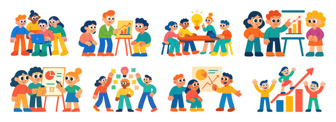 Fototapeta premium PNG Colorful teamwork illustrations for presentations, element set on transparent background