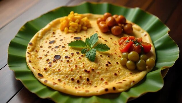 Fresh injera served on banana leaf with various spicy wats and vegetable sides 