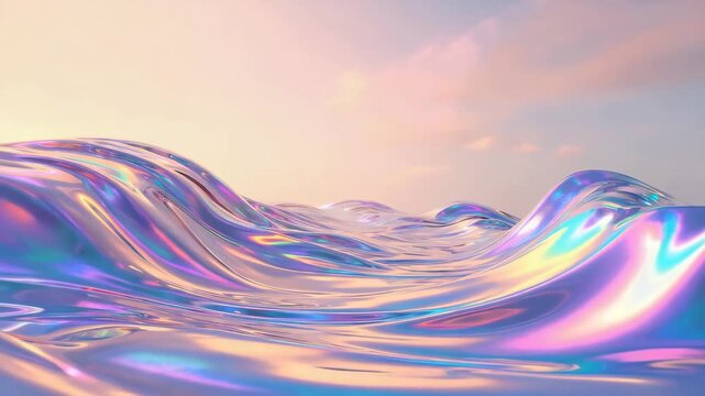 45&deg; diagonal angle of a holographic liquid surface with undulating pastel pink and aqua waves, glowing with iridescent colors. Elegant luxury holographic background, deep and soothing vibe