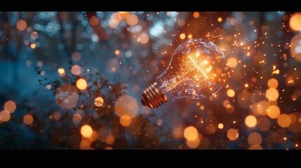 Futuristic floating holographic light bulb of geometric particles against a dark tech background