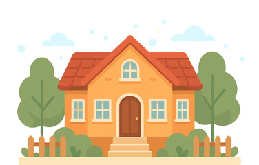 Fototapeta premium Charming suburban home exterior with trees in minimalistic flat style