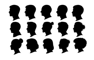 Diverse silhouettes of male and female profiles in various hairstyles
