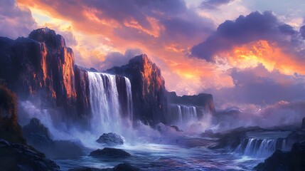Fototapeta premium Majestic waterfalls cascading down rocky cliffs at sunset, surrounded by vibrant clouds and mist
