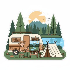 An artist captures the serene beauty of a mountain landscape while camping by a river