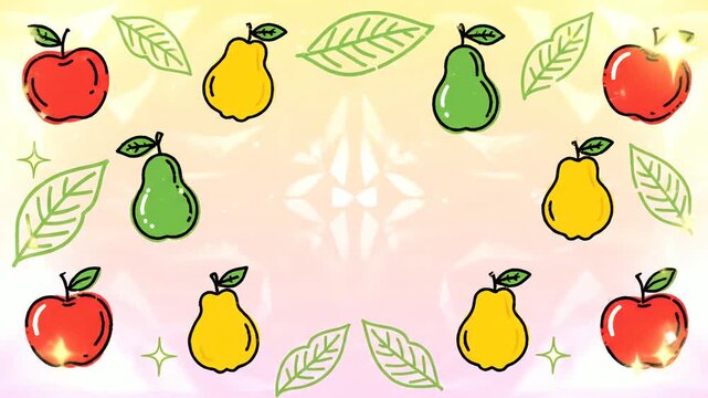 Apples and pears arranged symmetrically with leaves creating a colorful border on a light background, evoking a fresh and vibrant feeling.