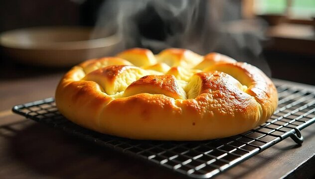 Freshly baked bibingka cooling on rustic table with warm golden crust and light steam 