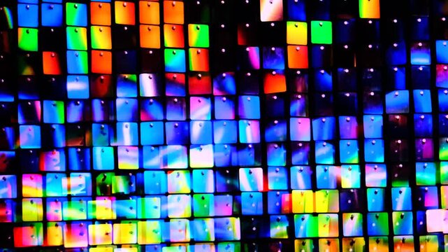 Wind Driven Shimmer Wall, Square metal reflectors shining, Surreality abstract motion graphics, vertigo hallucinations induced by stroboscopic flicker