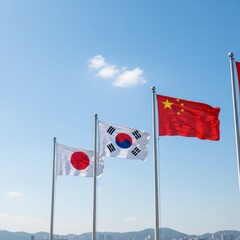 The flags of Japan South Korea and China wave against a clear blue sky