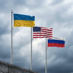 The flags of Ukraine the United States and Russia fly against a stormy sky