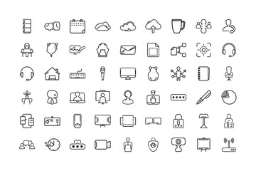 Remote Work & Telecommuting Line Art Icon Collection | Modern Minimalist Outline Vector Illustrations of Home Office, Online Collaboration, Virtual Meetings, and Digital Productivity Tools.