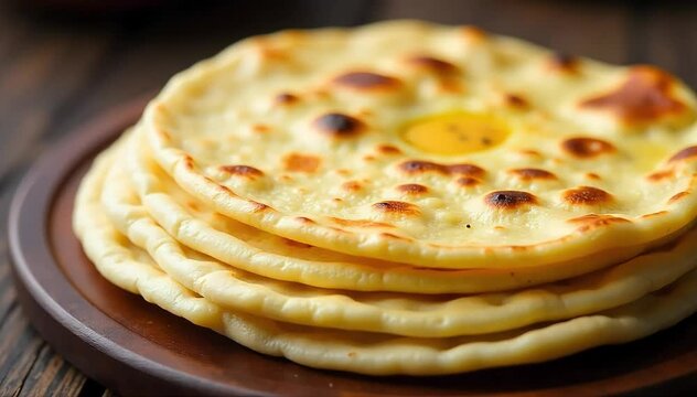 Freshly cooked Indian chapati flatbreads stacked with melted ghee and soft texture visible 