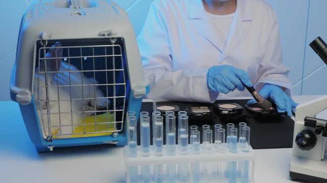 Rabbit in cage near scientist testing cosmetics in lab