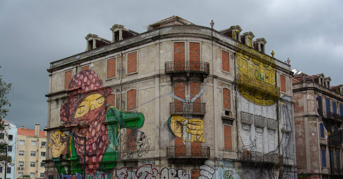 Colorful Street Art on Historical Building &ndash; Lisbon, Portugal