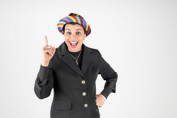 Enthusiastic entrepreneur with an expressive gesture and a playful look