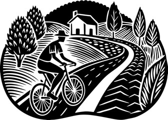 Person Cycling Countryside Road Silhouette, Outdoor Sport SVG, PNG