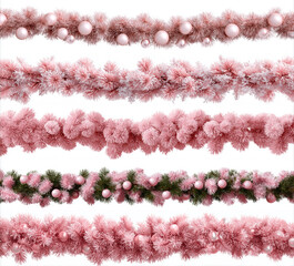 Set of Christmas festive garland with red and pink pine branche isolated on a white background. Fir green branches are decorated. Christmas decor. AI generation