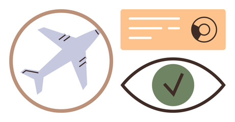 Airplane inside circular border, data chart with pie chart, and eye with green check mark. Ideal for travel, security, data analysis, aviation, confirmation safety surveillance. Simple flat