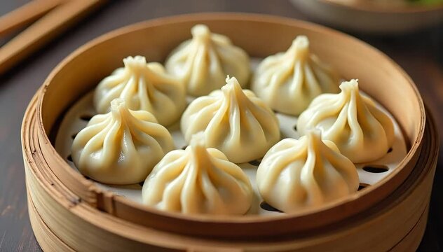 Freshly steamed har gow dumplings cooling on bamboo steamer tray with wooden chopsticks nearby 