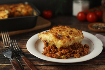 A shepherd's pie, freshly backed and ready to be served. Traditional English dish