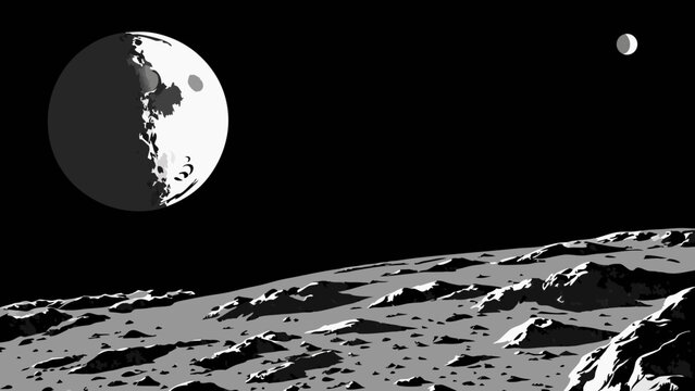 Stylized grayscale illustration of a planetary surface with celestial bodies in the background.