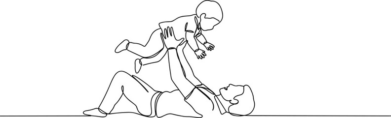 Continuous line art of father playing with child, dad lifting baby, family love bonding, parenting joy, fatherhood happiness illustration design