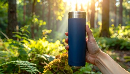 Hand holding blue travel mug in sunlit forest with tall trees and green foliage, evoking outdoor adventure and peaceful refreshment.