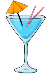 Cartoon illustration of a martini glass filled with a blue cocktail, decorated with a yellow umbrella and two pink straws.