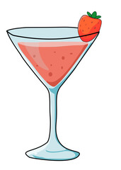 Cartoon illustration of a martini glass filled with a pink cocktail, decorated with a fresh strawberry garnish on the rim.