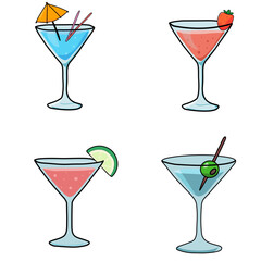 Set of four cartoon cocktail illustrations in martini glasses, featuring garnishes like lime, strawberry, olive, and umbrella with straws.