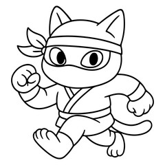 A delightful coloring page featuring a cute cartoon ninja cat, running with an expressive, ready-for-action pose in a simple line art style.