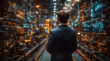 A businessman reviews a futuristic industrial control center with advanced digital data interfaces